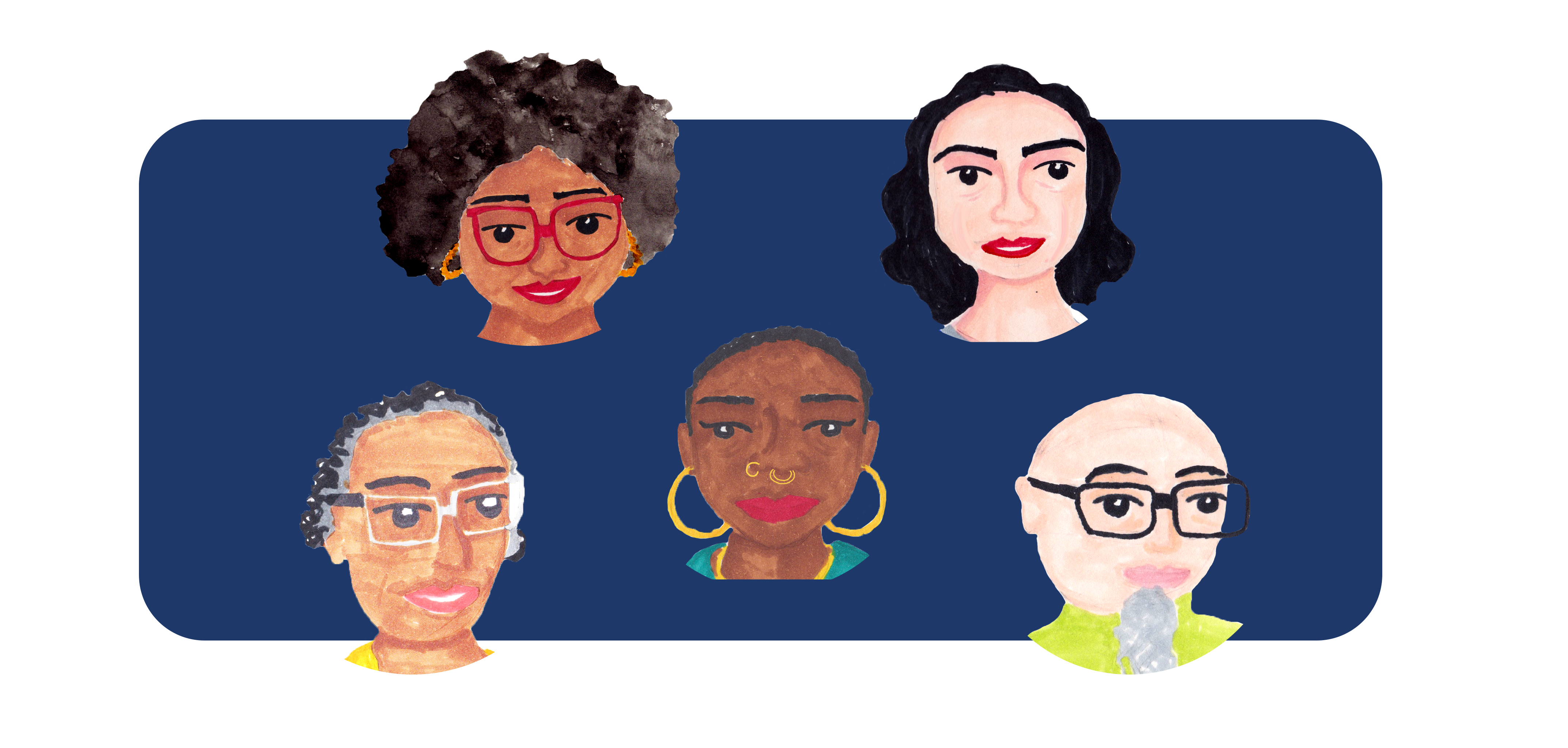 Drawings of people's faces on a blue background