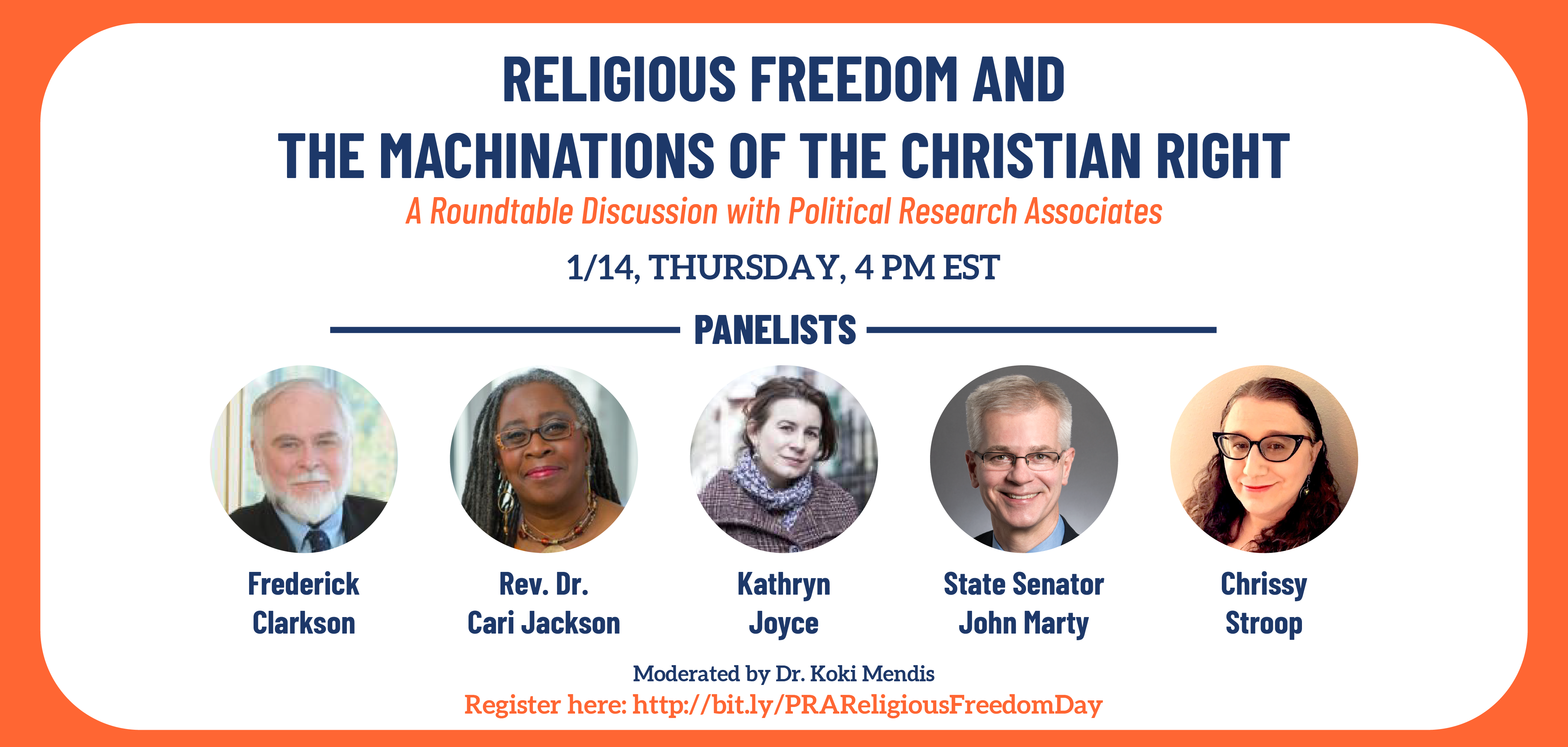 Orange border around a white background with the images of the panelists, and the title and time and link to registration.